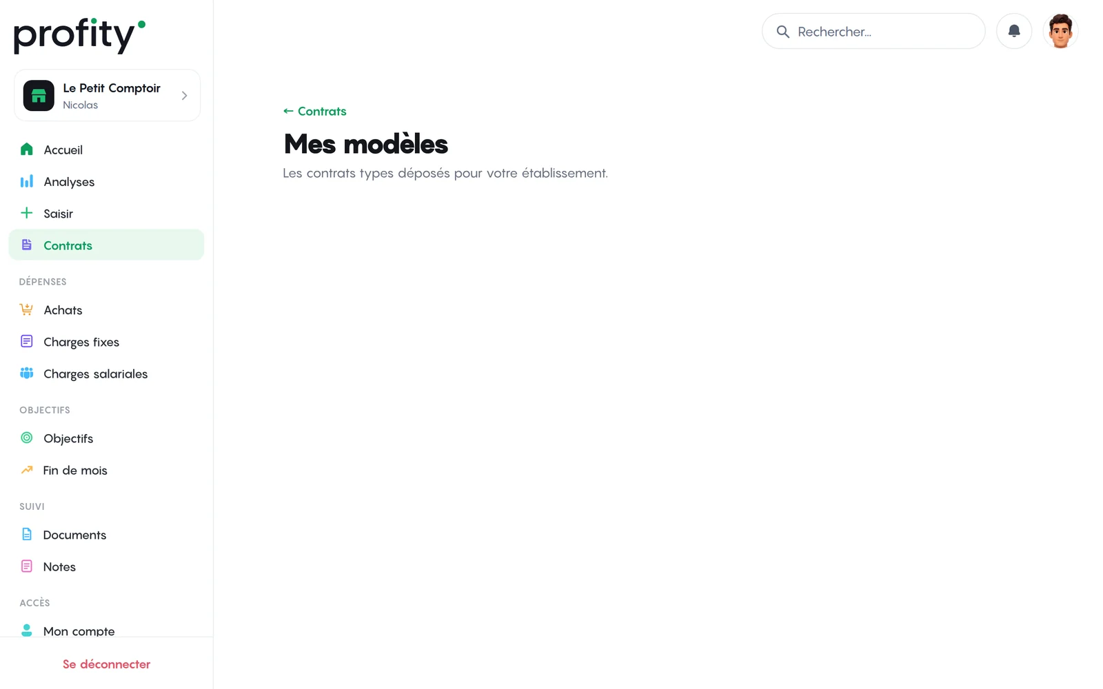 Écran Mes modèles de Profity : vos contrats types déposés