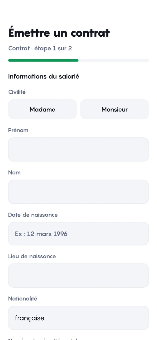 Écran Émettre un contrat de Profity sur mobile : informations du salarié